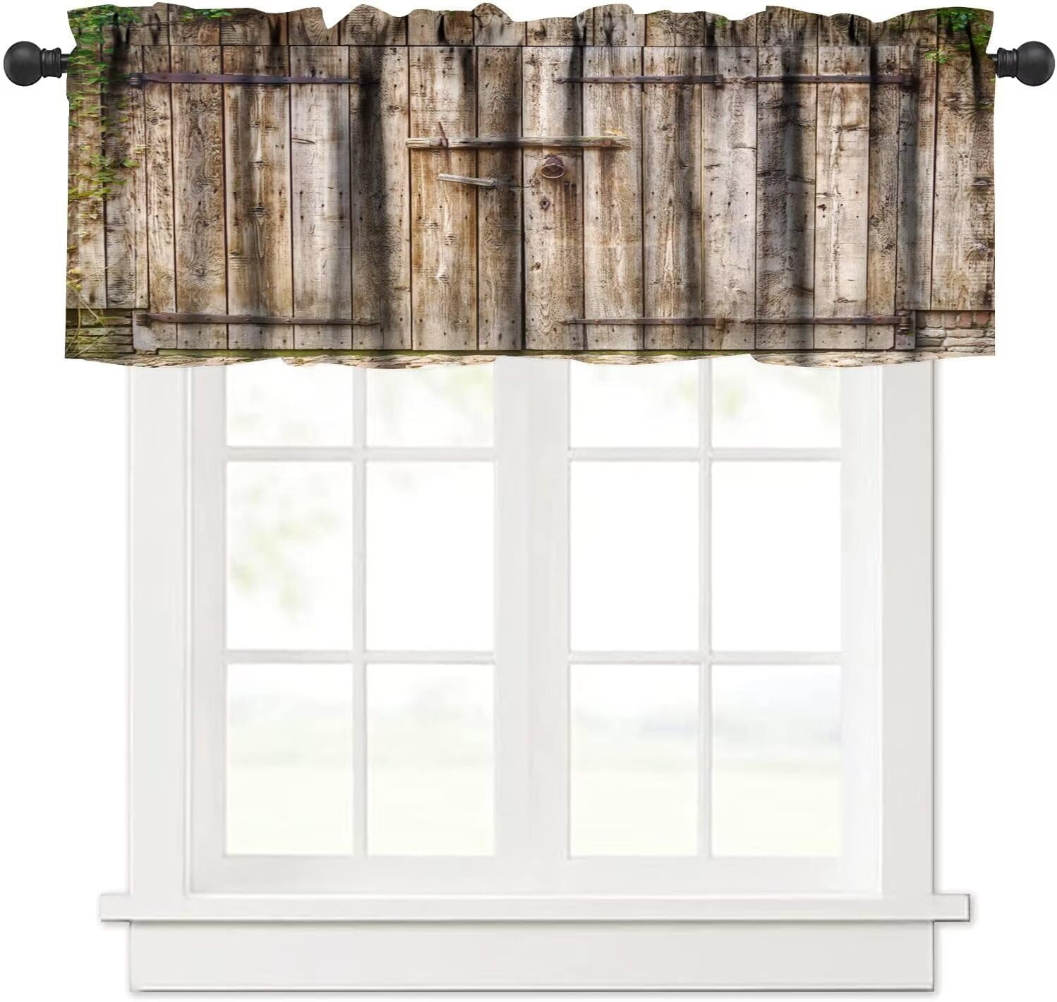 Rustic Wooden Barn Door Valance Curtain Farmhouse Retro Wood Plank