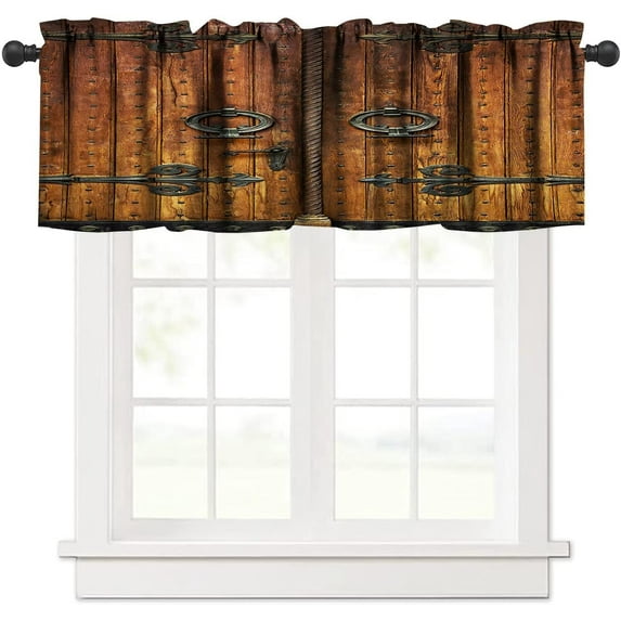 Rustic Wooden Barn Door Valance Curtain Farmhouse Vintage Rod Pocket Valance Window Treatments 1 Panel Short Curtains for Kitchen Living Room Bathroom Decor 54 x 18 in