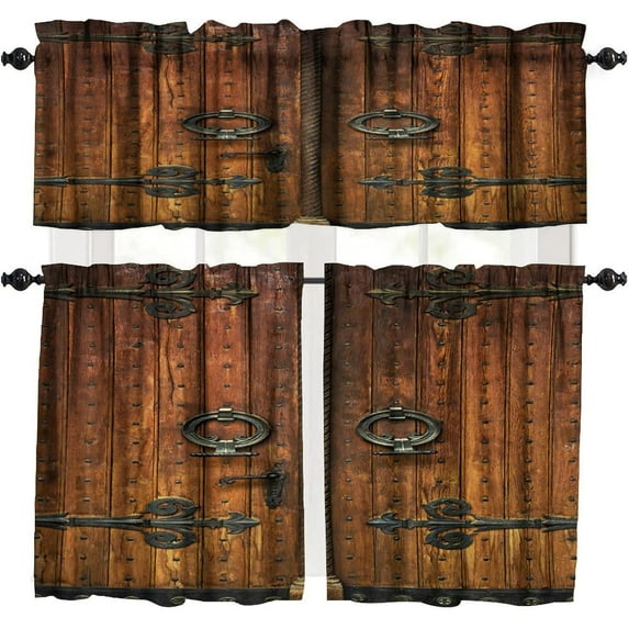 Rustic Wooden Barn Door Valance Curtain Farmhouse Vintage Rod Pocket Valance Window Treatments Short Curtains for Kitchen Living Room Bathroom Decor 54x18 Inch + 27x36 Inch X 2