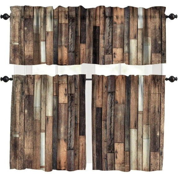 Rustic Wooden Barn Door Valance Curtain Wood Plank Brown Barnwood Western Country Style Lodge Farmhouse Rod Pocket Valance Short Curtains for Kitchen Living Room 54x18 Inch + 27x36 Inch X 2
