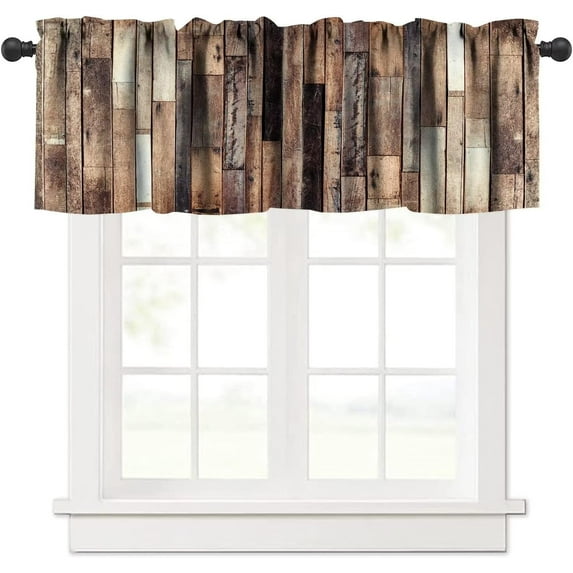 Rustic Wooden Barn Door Valances Curtains Wood Plank Brown Barnwood Western Country Style Lodge Farmhouse Short Curtain Valance for Kitchen Bathroom Decor with Rod Pocket, One Panel 54X18 Inches