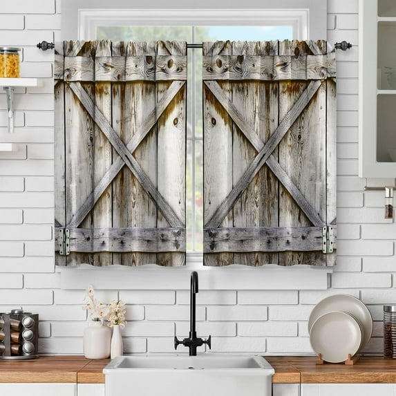 Rustic Wooden Barn Kitchen Curtains: Vintage Farmhouse Wood Room Short Cafe Curtain Decor for Dining Room Tier Curtains Country Farm Decor Rod Pocket Window Drapes 24Inch Length 2 Panels Set
