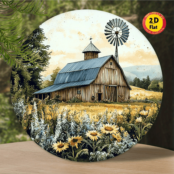 Rustic Wooden Barn with Windmill & Sunflower Field Round Aluminum Sign, Farmhouse Wall Decor, 1pc, 8" Wall Art Metal Sign, For Kitchen, Door, Room, Home, Bathroom, Ideal Gift, Weather Resistant
