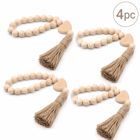 Rustic Wooden Bead Tassel Garland Set of 4, Boho Farmhouse Style Hemp Rope Hanging Decor for Wall, Curtain, Shelf & Home Decoration, Natural Wood Bead Decorative Accents