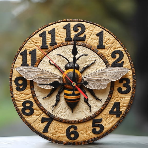 Rustic Wooden Bee Clock Wall Decor 10-Inch Silent Wooden Wall Clock, Battery Operated (AA Batteries Not Included), Artistic Home Decor
