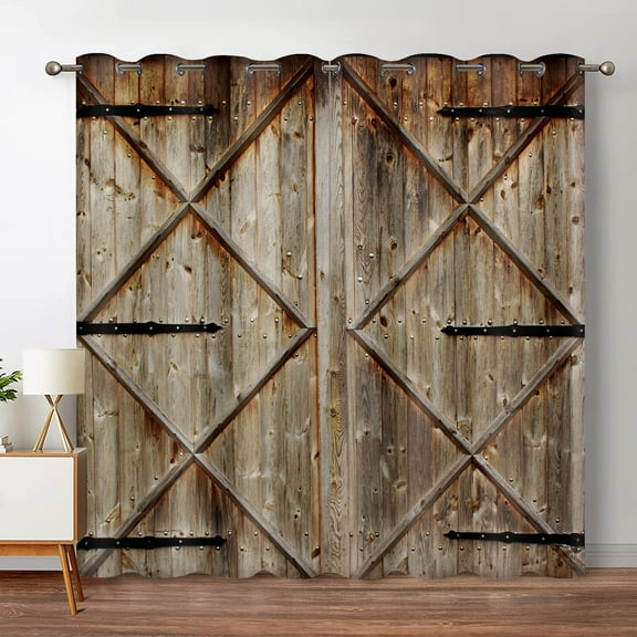 Rustic Wooden Blackout Curtains Vintage Barn Door Farmhouse Countryside Room Window Drapes for Bedroom Living Room High Shading