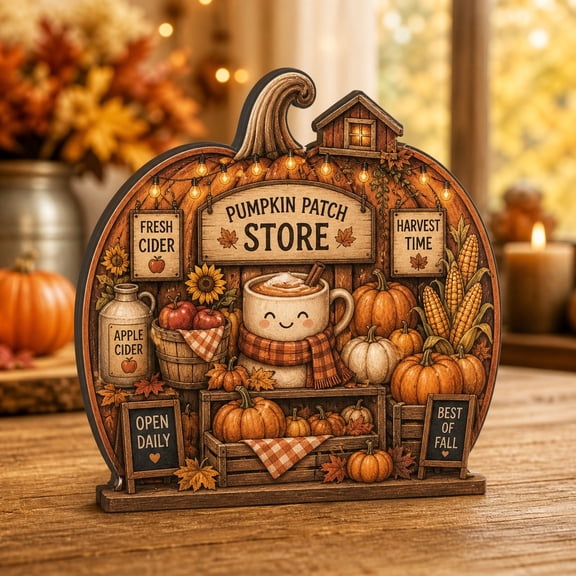 Wooden Block Pumpkin Patch Fall, Rustic Mantel Shelf Sitter and Tabletop Home Decoration, Decorative Accent for Living Room or Office