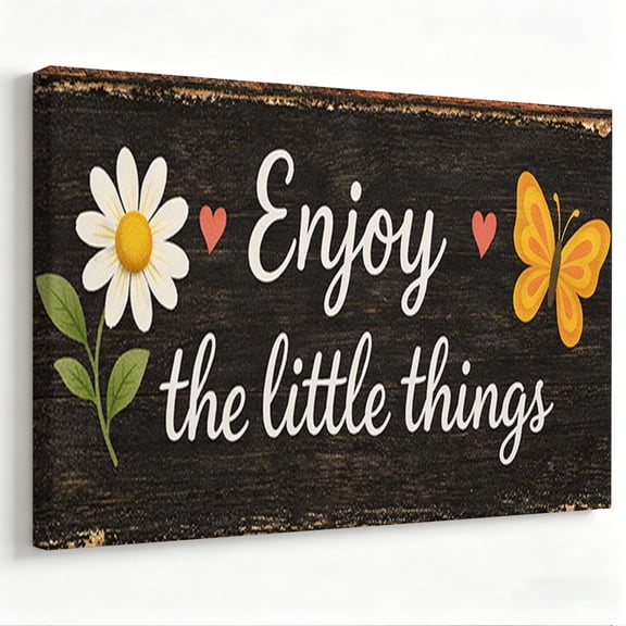 Rustic Wooden Board Enjoy the Little Things Canvas Wall Art - Inspirational Country Daisy Print - Matte Finish Gallery Wrapped Farmhouse Home Decor Ready to Hang 8*12