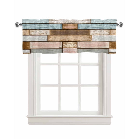 Rustic Wooden Board Linen Curtain Valance for Bedroom/Bathroom/Kitchen/Office/Living/Dining Room Window,Retro Farmhouse Barn Brown Teal Pocket Topper Drapes Decorative Cafe Drapery Panel 42"x18"