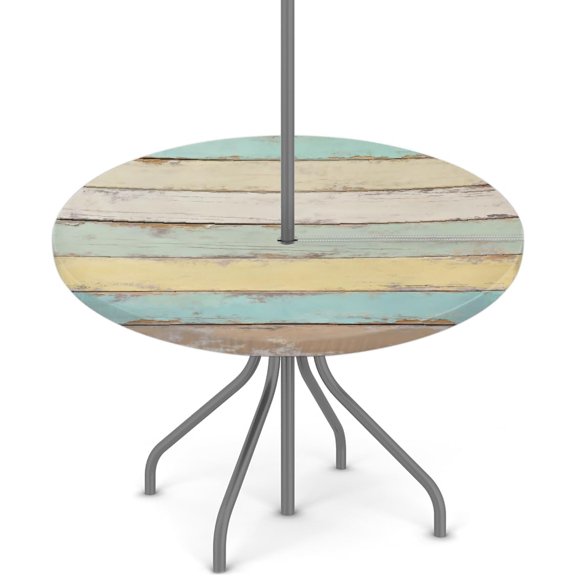 Rustic Wooden Board Round Outdoor Tablecloth with Umbrella Hole, Round Fitted Table Cloth with Elastic Zippered Table Covers 36-44in Waterproof Umbrella Tablecloths Circle Elastic Table Cover