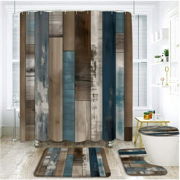 Rustic Wooden Board Shower Curtain Set 4 Piece Sets Farmhouse Barn Door Blue Brown Floor Vintage Wood Country Bathroom Decor+Bath Mat+Toilet Lid Cover+U Shape Mat