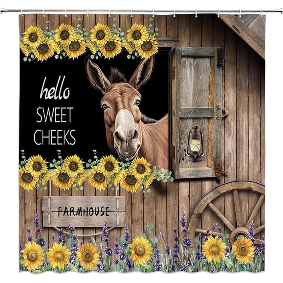Shower Curtain Farmhouse Donkey with Sunflowers Funny Bathroom Curtain with Hooks, 60x72in