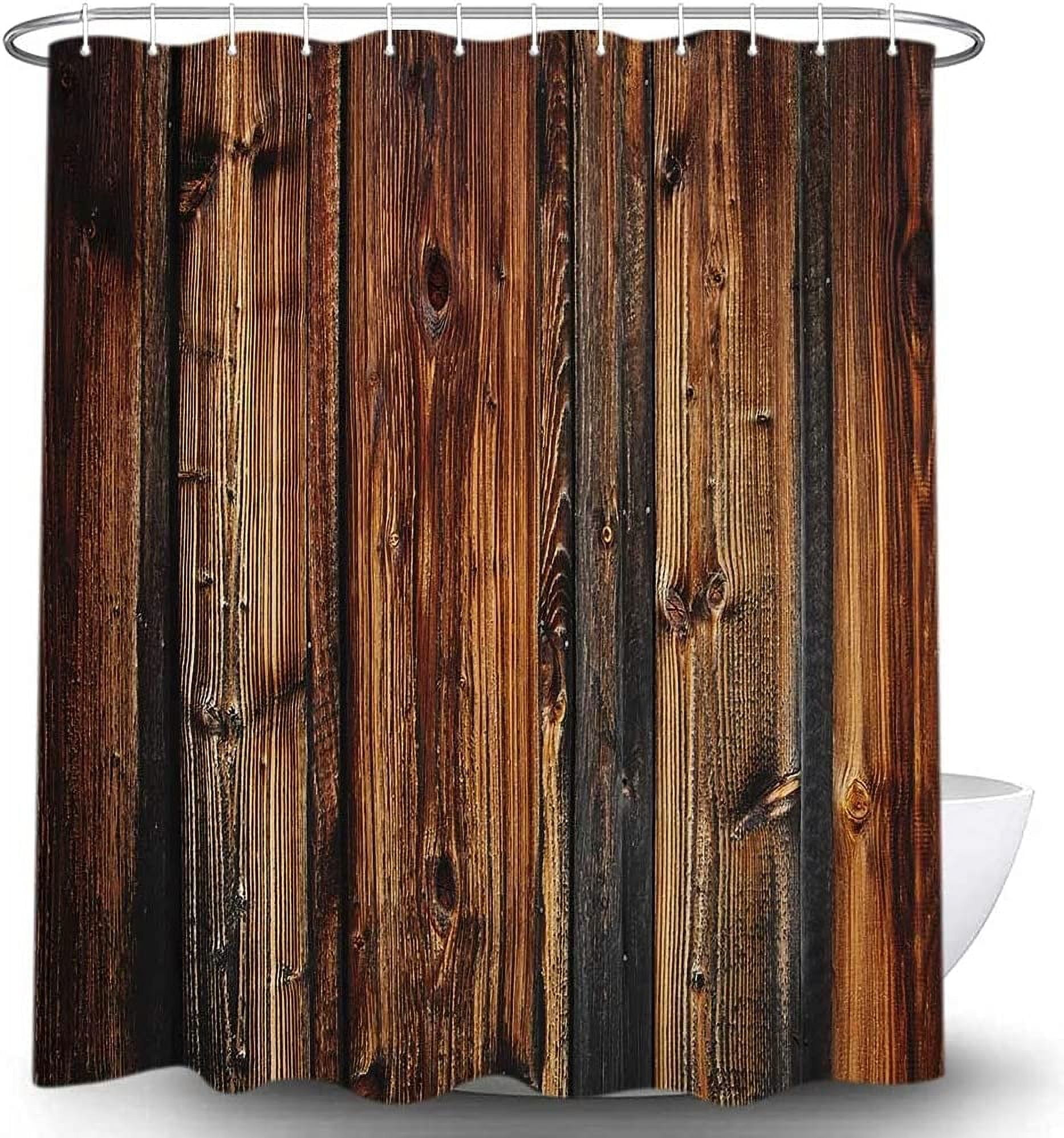 Rustic Wooden Board Shower Curtain, Western Barnwood Farmhouse Old Wood Plank Dark Brown Bath Curtains, Waterproof Fabric Bathroom Accessorry Sets with Hooks, 69x70 Inches