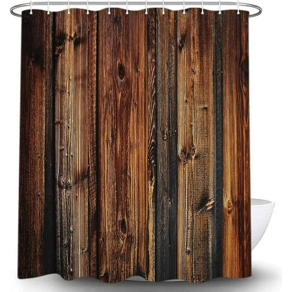 Rustic Wooden Board Shower Curtain, Western Barnwood Farmhouse Old Wood Plank Dark Brown Bath Curtains, Waterproof Fabric Bathroom Accessorry Sets with Hooks, 69x70 Inches