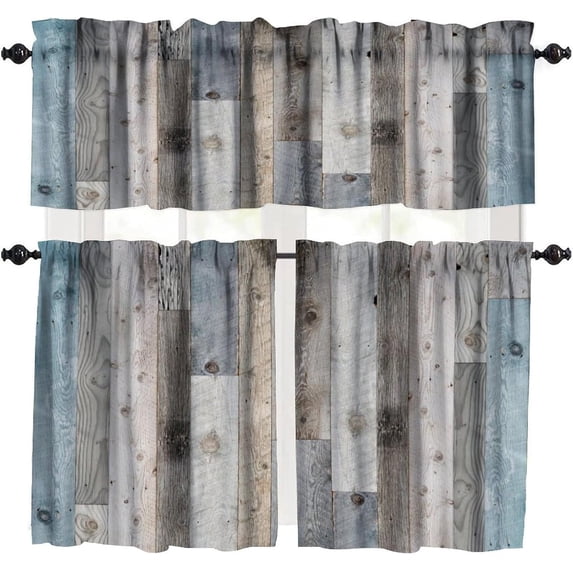 Rustic Wooden Board Valance Curtain Barn Door Blue Teal Vintage Wood Rod Pocket Valance Window Treatments Short Curtains for Kitchen Farmhouse Living Room Decor 54x18 Inch + 27x24 Inch X 2