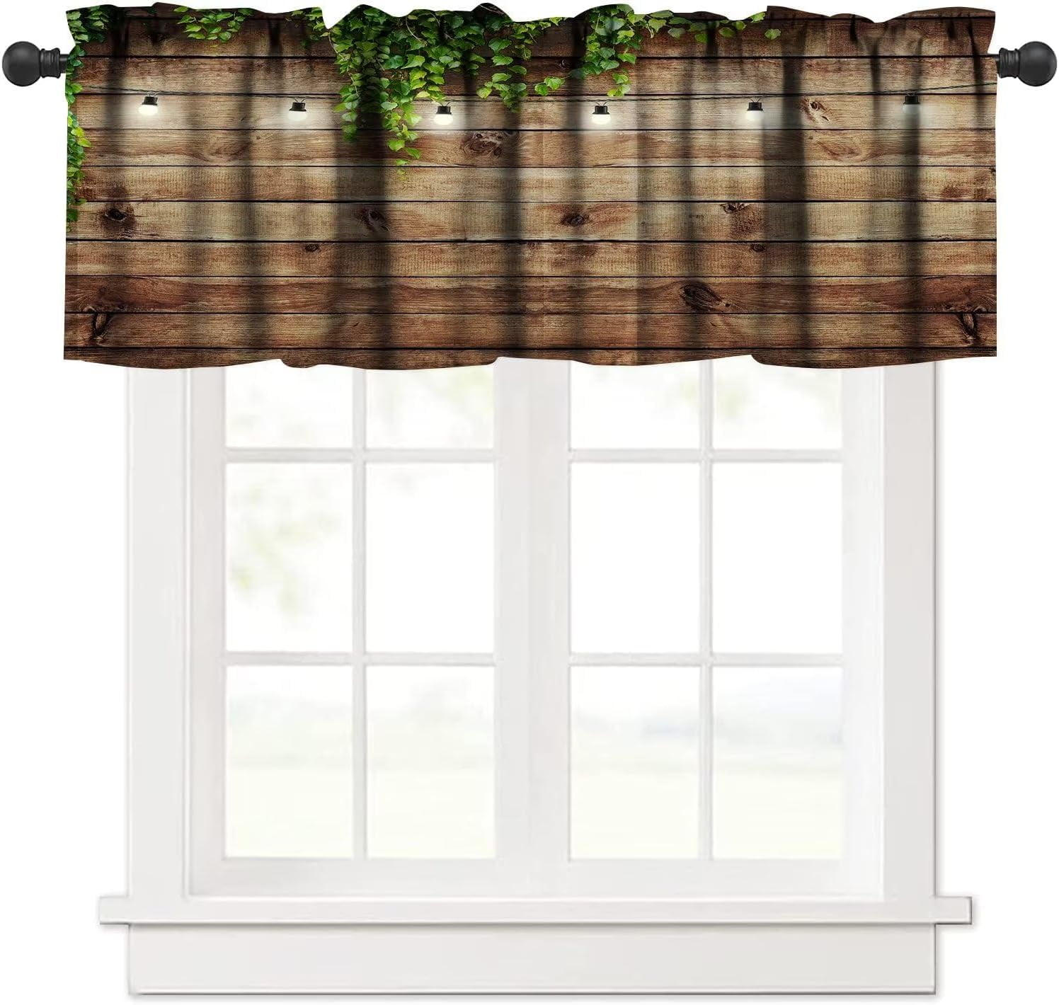 Rustic Wooden Board Valances Curtains Green Leaves on Vintage Wood