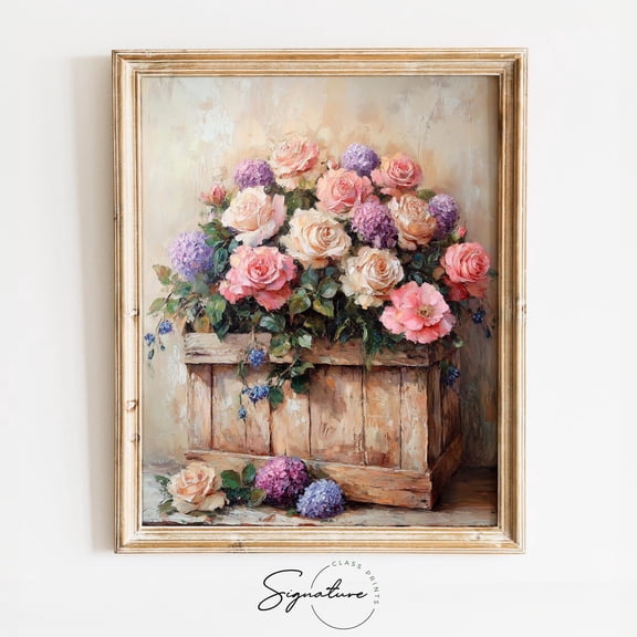 Rustic Wooden Box Of Roses & Hydrangeas, Romantic Valentines Day Floral Art, Cottagecore, Vintage Wall Decor 3564 Home Decor, 24x36 UNFRAMED