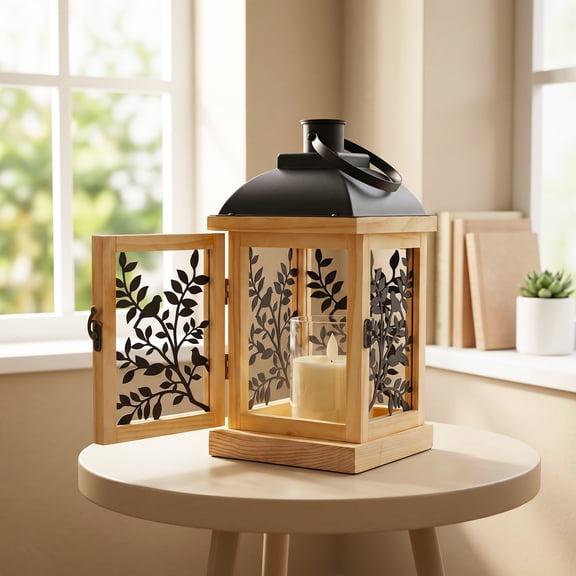 Rustic Wooden Candle Lantern 12.6in – Farmhouse Pine & Iron Candle Holder for Table Centerpiece, Indoor/Outdoor