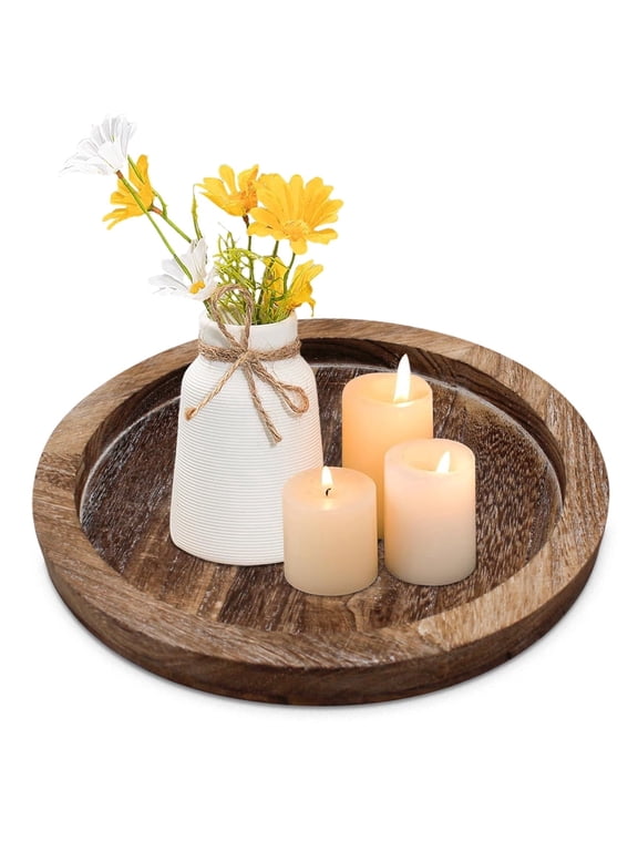 Rustic Wooden Candle Plate Holder, Round Farmhouse Decor Tray for Christmas, Wedding, and Halloween Table Centerpiece