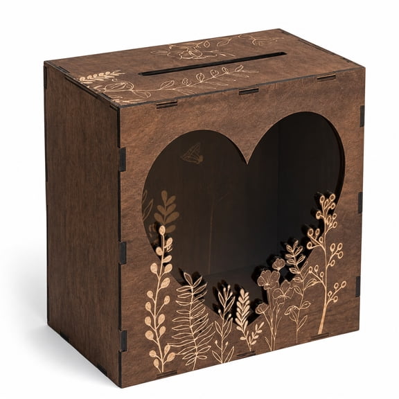 Rustic Wooden Card Box for Wedding, Dark Brown Gift Card Holder with Heart Shaped Clear Window, Vintage Money Box for Reception Party Celebration Decor