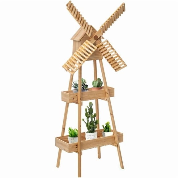 Rustic Wooden Cart with Windmill Accent, Versatile and Decorative Piece for Home or Garden Decor, Perfect for Displaying Plants, Books, and Decorative Items, or as a Unique Storage Solution for Home o