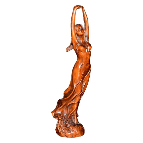 Rustic Wooden Carving Decor Sculpture Figurine Oriental Carved Floral Lady Luminous Delicate Blossom Serene Elegant Flowing