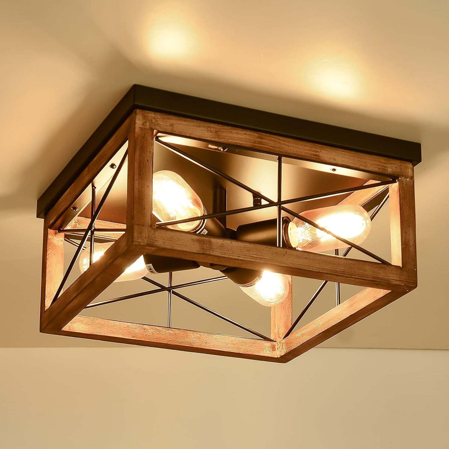 Farmhouse Black and Wood 4-Light Flush Mount Ceiling Fixture