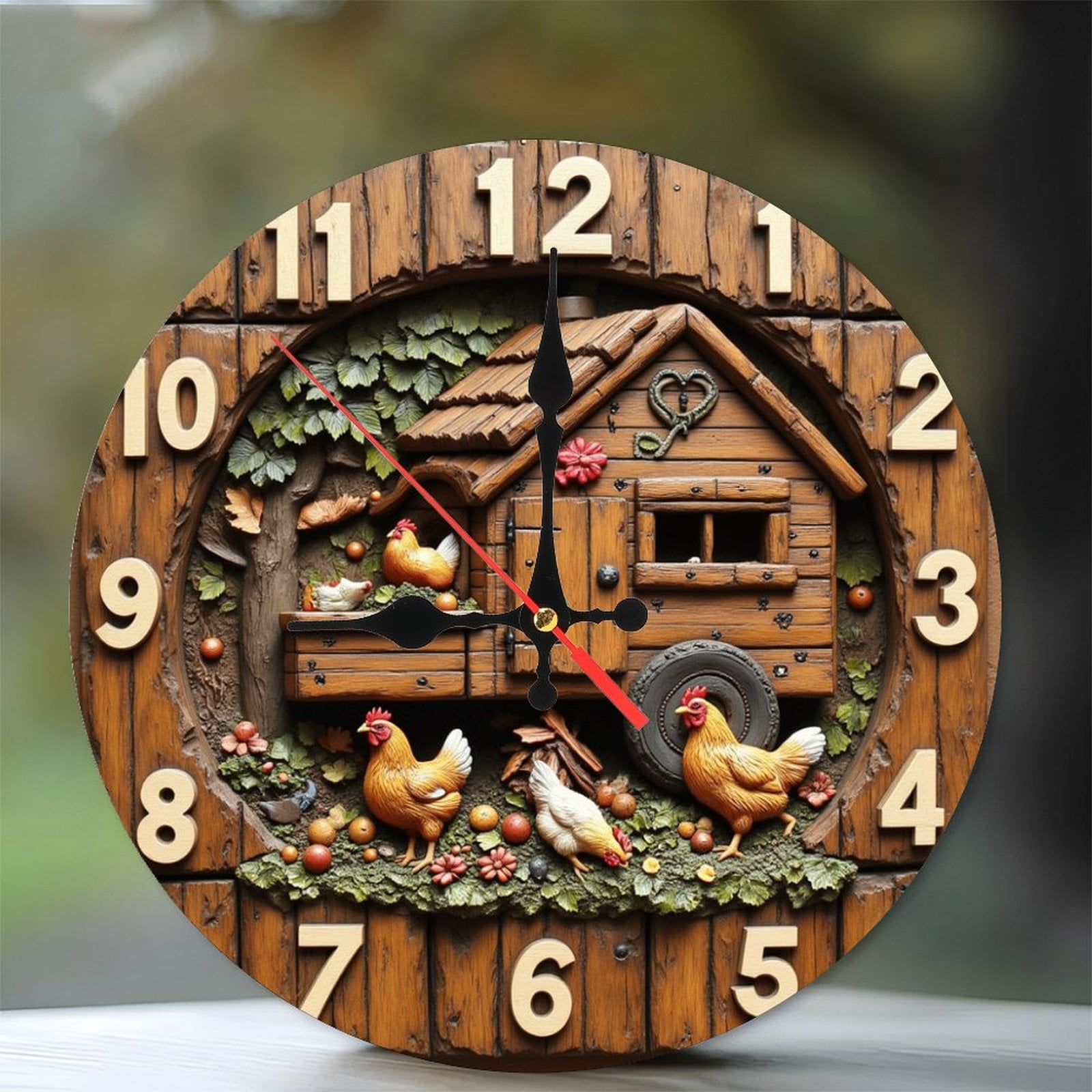 Rustic Wooden Chicken Coop Farmhouse Wall Clock 10-Inch Silent Wooden ...