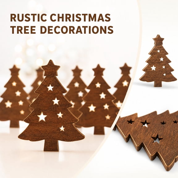 Rustic Wooden Christmas Tree Ornaments, 2D Flat Wood Cutout Decor with Hollow Star Pattern for Holiday Home Table and Wall Festive Display