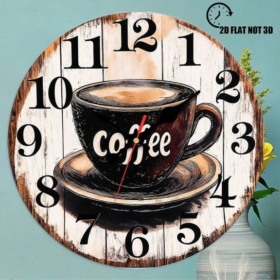 Rustic Wooden Coffee Cup Round Wall Clock, Silent Non‑Ticking Farmhouse Kitchen Decor Wall Clock, Vintage Coffee Themed Art Clock for Cafe Dining Room