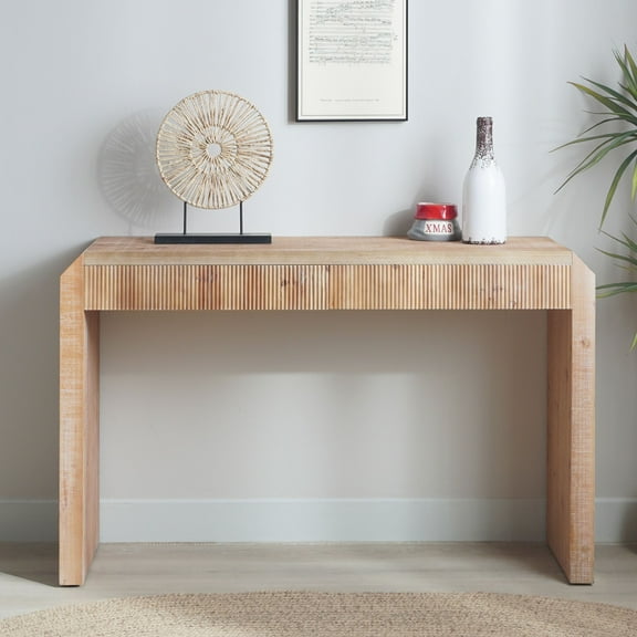 Rustic Wooden Console Table with Drawer Minimalist Design, Ribbed Texture, and Natural Finish