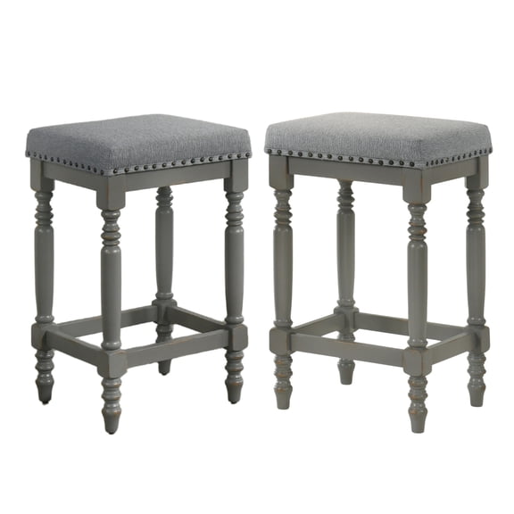 Rustic Wooden Counter Stools Set of 2 – Cool Gray Padded Seats with Nailhead Trim & Distressed Finish, 26-Inch Farmhouse Barstools for Kitchen Counters & Dining