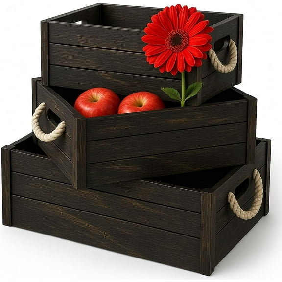 Rustic Wooden Crates Set of 3 Nesting Wood Boxes Decorative Storage Bins for Home, Kitchen, Bathroom, Shelves Farmhouse Style Crate Boxes for Organization & Display (Black Vintage)