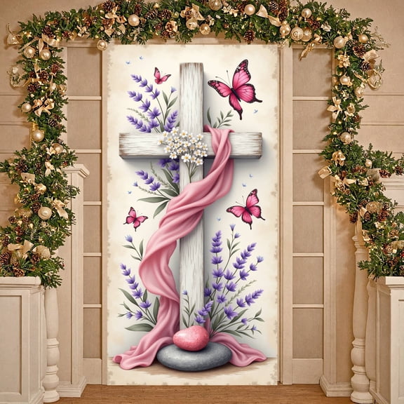 Rustic Wooden Cross Banner Pink Drape Backdrop Lavender Accent Butterfly Decor Faith Display for Easter Celebrations Baptism Ceremonies Christian Gatherings
