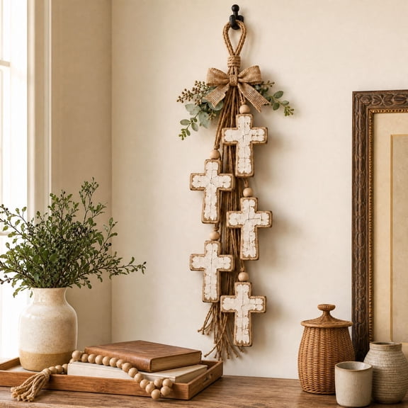 Rustic Wooden Cross Wall Hanging Decor, Faith Grace Cross Tassel Wall Ornament With Burlap Bow and Greenery, Farmhouse Religious Wall Art for Home Door Decoration