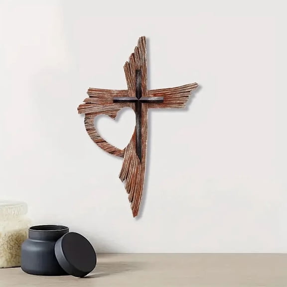 Rustic Wooden Cross Wall Hanging With Heart Design Weathered Finish Decorative Art Sculpture For Home Living Room Bedroom Religious Decor (11.*7.87 Inches)