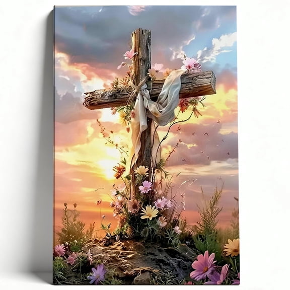 Rustic Wooden Cross with Flowers Canvas Wall Art Easter Christian Painting Spiritual Floral Landscape Living Room Church Decor Print Ready to Hang