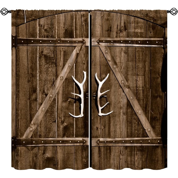 Rustic Wooden Curtains, Retro Wooden Gate Antler Handles Farmhouse Village Window Treatments, Rod Pocket Thermal Insulated Drapes 2 Panels Set for Bedroom Living Room, 63" W X 63" L