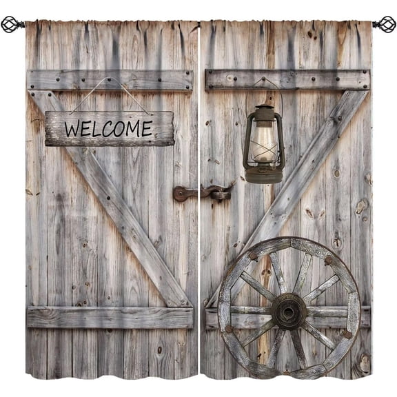 Rustic Wooden Curtains, Vintage Country Farmhouse Western Barn Door Old Wooden Wheel Print Blackout Window Treatments for Kitchen Bedroom Livingroom, 55" W X 63" L