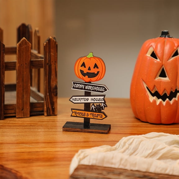Rustic Wooden Decorative Blocks Carved with Pumpkin and Letter Patterns, Farmhouse Style Tabletop Ornaments for Halloween, Spooky Festive Decor for Home Dining Area and Shelf Display, A
