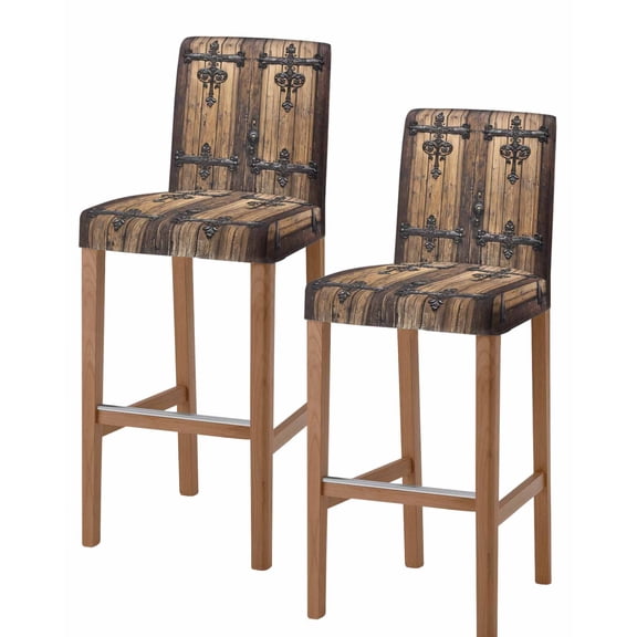 Rustic Wooden Door Bar Stool Covers Set of 2, Brown Black Farmhouse Country Vintage Stretch Washable Bar Chair Covers with Backs, Removable Pub Counter Height Chair Cover for Kitchen Dining Room Cafe