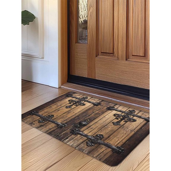 Rustic Wooden Door Door Mat Indoor Outdoor Entrance, Non Slip Rug for Kitchen Bathroom Entryway Rug, Brown Black Farmhouse Country Vintage Washable Doormat Floor Mat for Office 24x36 Inch