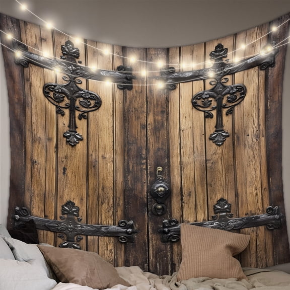 Rustic Wooden Door Small Tapestry for Bedroom Wall Hanging Tapestry,Brown Black Farmhouse Country Vintage Ceiling Backdrop Tapestries Poster Blanket Wall Decor for Teens Room Living Room 23" x 28"