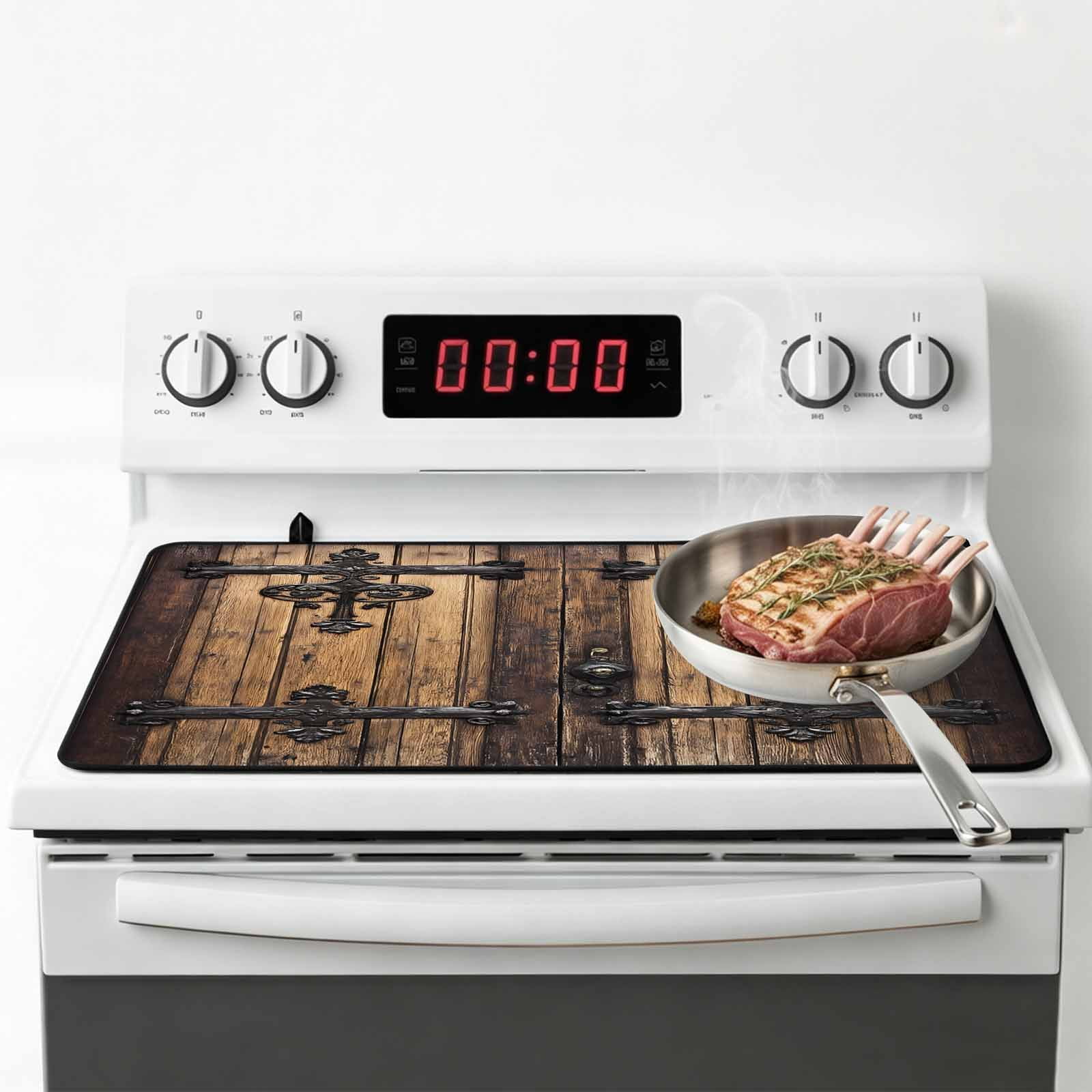 Rustic Wooden Door Stove Top Cover for Electric Stove, Heat-proof & Non Slip Glass Top Stove Cover Protector, Brown Black Farmhouse Country Vintage Kitchen Flat Cooktop Rubber Mat 24x21 Inches