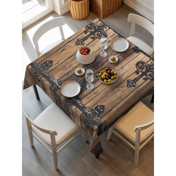 Rustic Wooden Door Tablecloth Square Table Cloth 54x54, Waterproof Tablecloth Outdoor Table Cloth, Brown Black Farmhouse Country Vintage Washable Table Cover for Kitchen Dinning Party