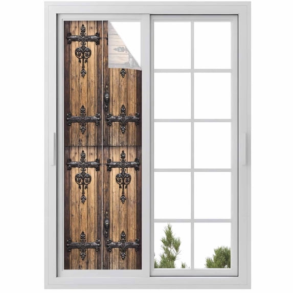 Rustic Wooden Door Window Privacy Film, Brown Black Farmhouse Country Vintage Static Cling UV Sun Blocking Heat Control Window Tint, Non-Adhesive One Way Windows Privacy Cover 17.7''x78.7''