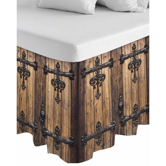 Rustic Wooden Door Wrap Around Bed Skirts for Queen Bed 16" Drop,Bed Skirt with Adjustable Elastic Belt Dust Ruffle Bed Valance for Bedroom Hotel Brown Black Farmhouse Country Vintage Bed Frame Cover