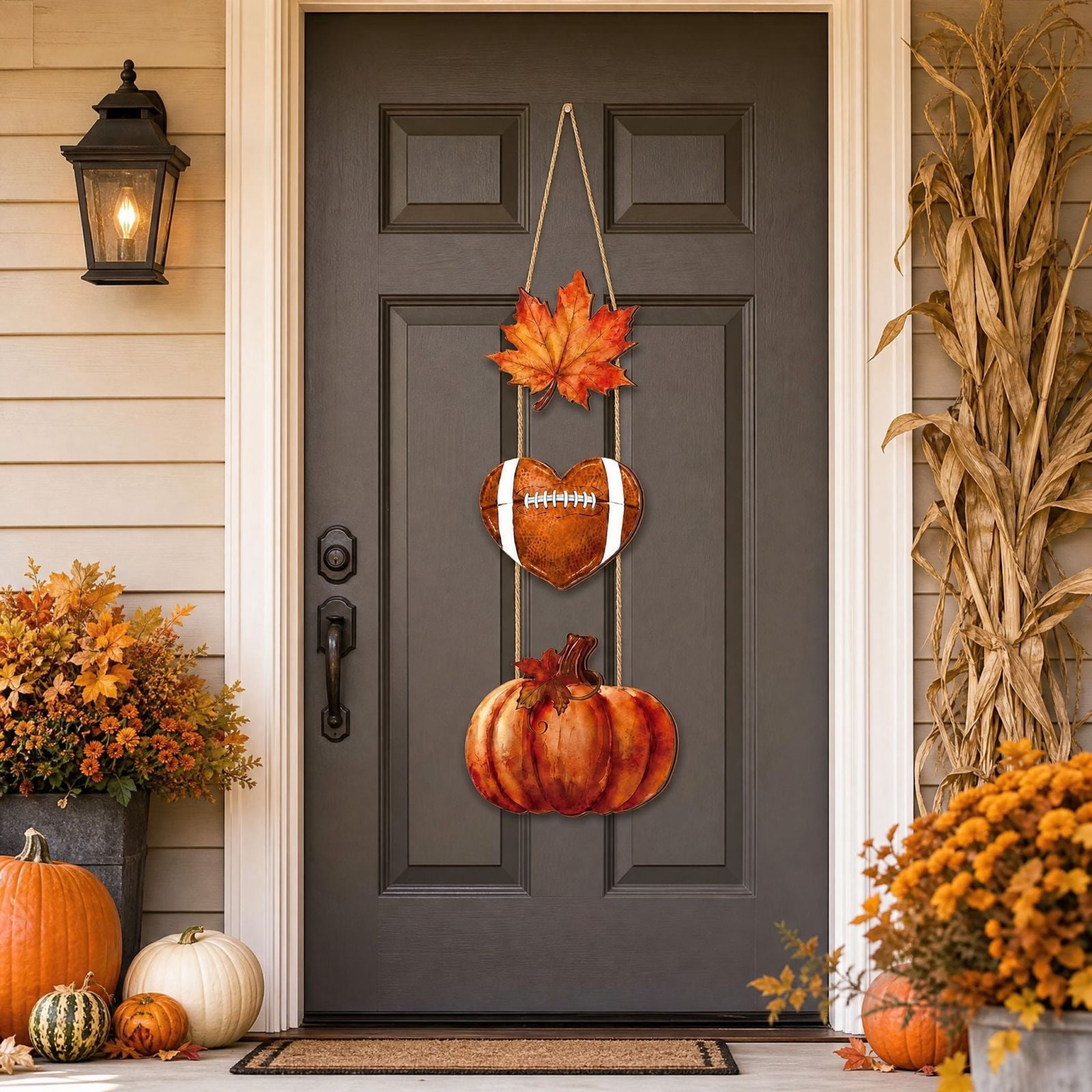 Rustic Wooden Fall Front Porch Decor with Maple Leaf Pumpkin Football