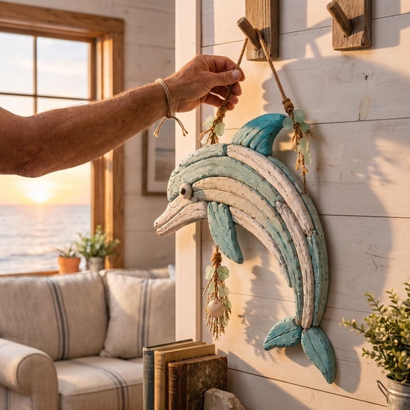 Rustic Wooden Fish Wall Decor Coastal Boho Home Accent Handcrafted Dolphin Art for Living Room Bedroom Bathroom Beach House Nautical Sea Glass Style Teal White Distressed Finish