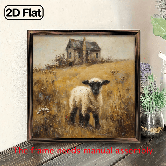 Rustic Wooden Frame Impressionistic Young Lamb Oil Painting Print, Black Faced Sheep in Autumn Field with Old Farmhouse Wall Art, Suitable As Perfect Gift for Thanksgiving Christmas Birthday Ho